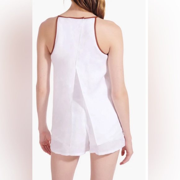 Staud Matheo Linen Leather Trim Romper in White Whiskey NWT - Picture 7 of 14